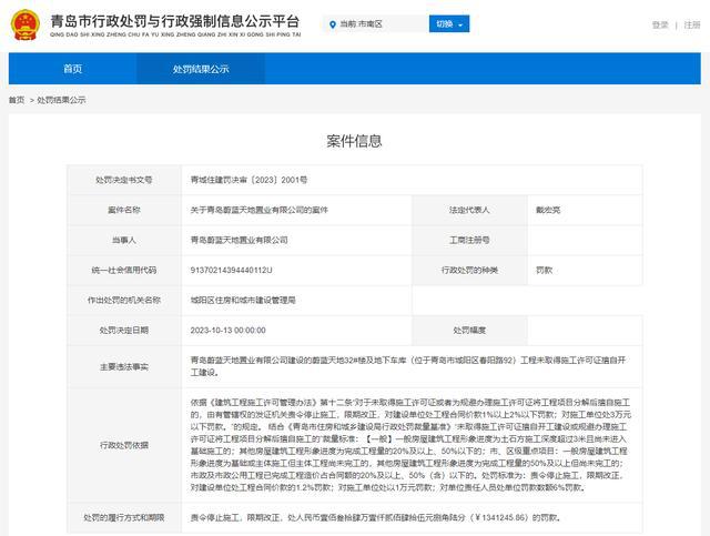 青岛一工地项目无证开云APP 开云官网入口擅自开工 中建六局土木工程公司被罚(图2)